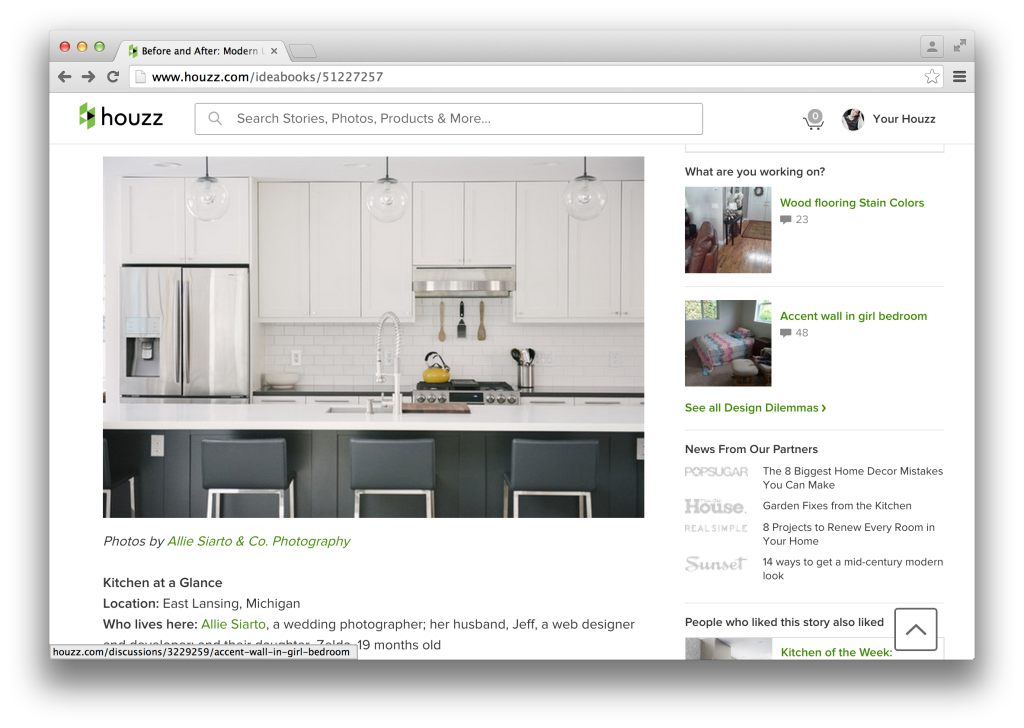 screenshot of our kitchen featured on Houzz