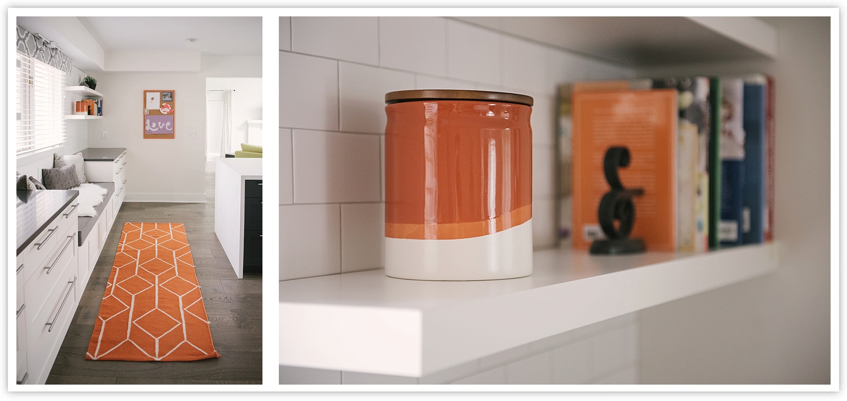Target cookie jar on an open shelf, orange geometric rug with kitchen window seat, black and white IKEA kitchen with Semihandmade cabinet doors