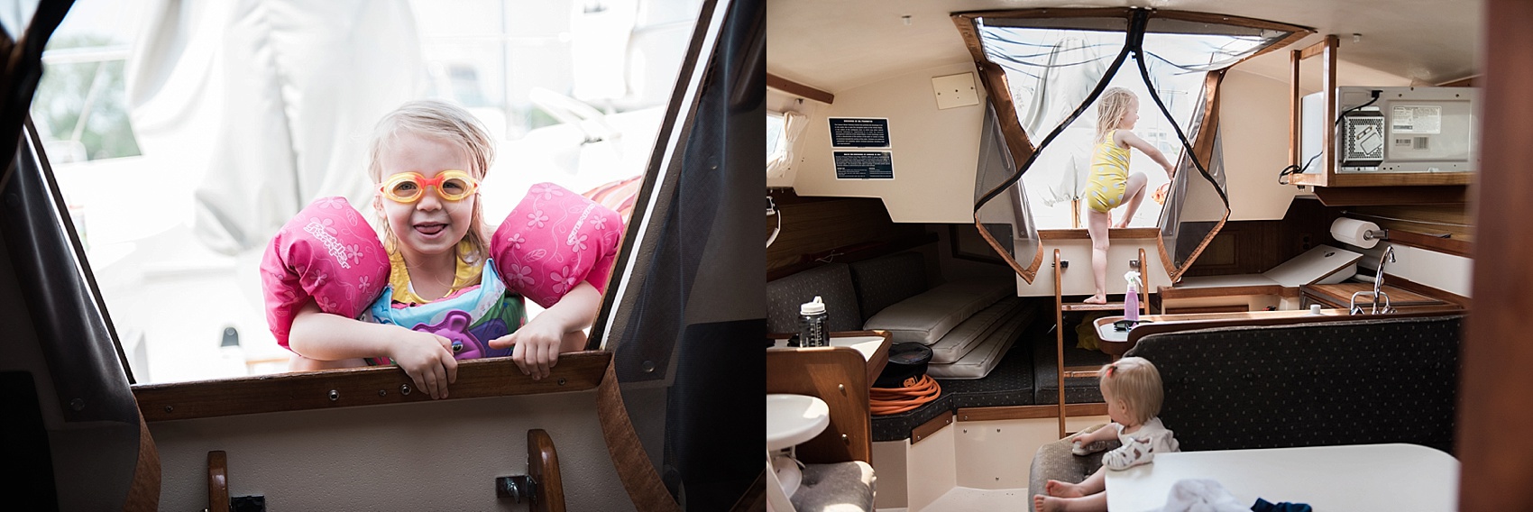Michigan wedding and lifestyle photographer, Allie Siarto, shares a photo of her young daughter in swimmies climbing out of a Catalina 30 cabin
