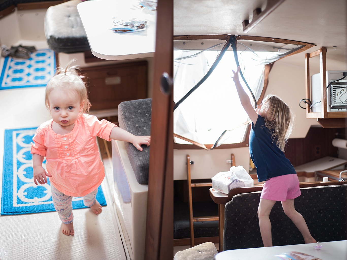 Michigan wedding and lifestyle photographer, Allie Siarto, shares a photo of her young daughters in the cabin of a Catalina 30 sailboat