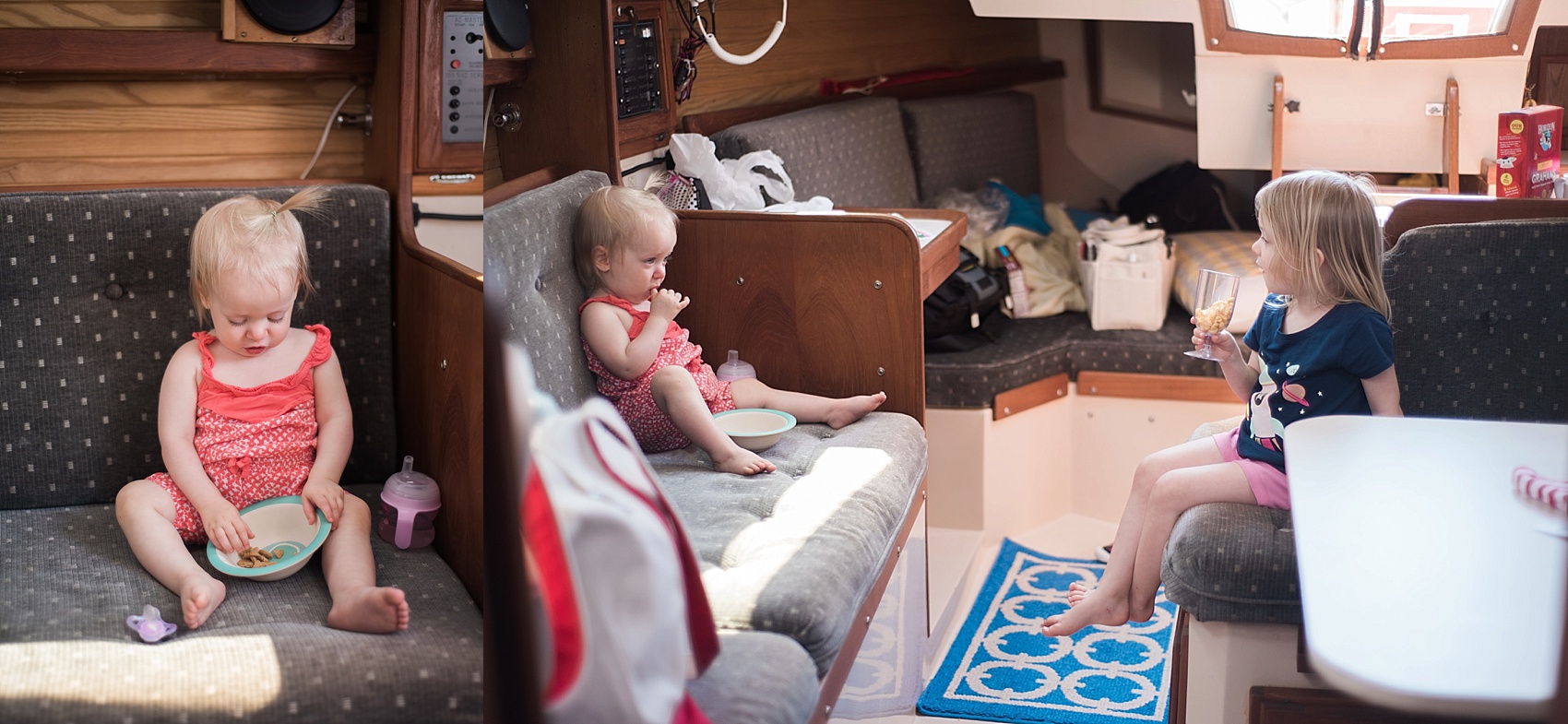 Michigan wedding and lifestyle photographer, Allie Siarto, shares a photo of her young daughters snacking in the cabin of a Catalina 30 sailboat