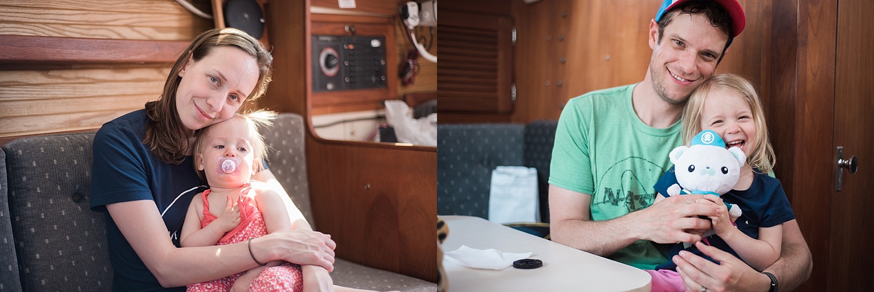 Michigan wedding and lifestyle photographer, Allie Siarto, shares a photo of her young family in the cabin of a Catalina 30 sailboat