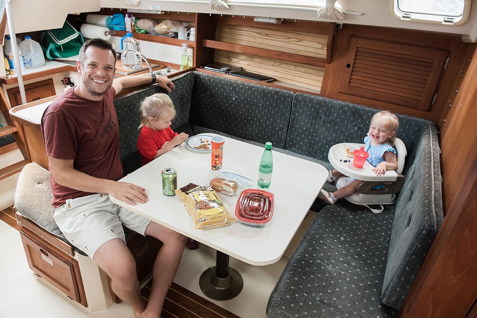 interior cabin of a Catalina 30 (sailing with young kids)