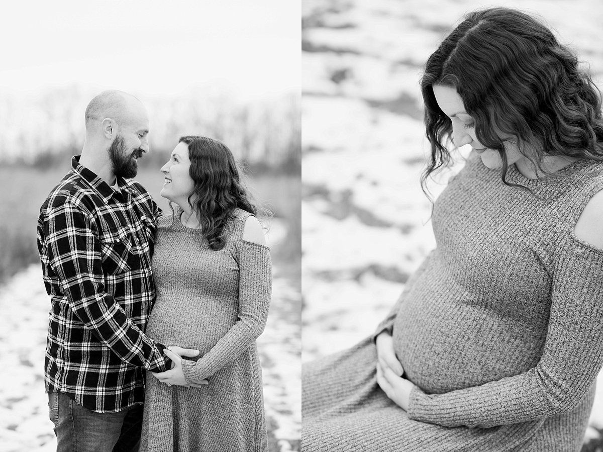 Lansing maternity photos in black and white during winter