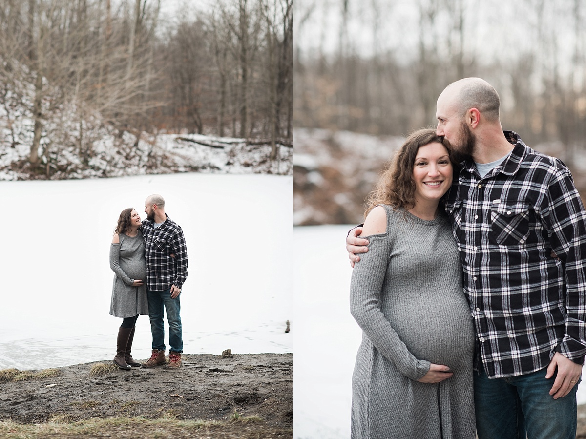 Lansing winter maternity photo locations with a pond