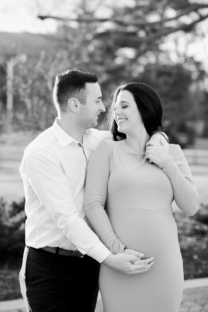 Long dress winter black and white maternity photos in East Lansing, Michigan