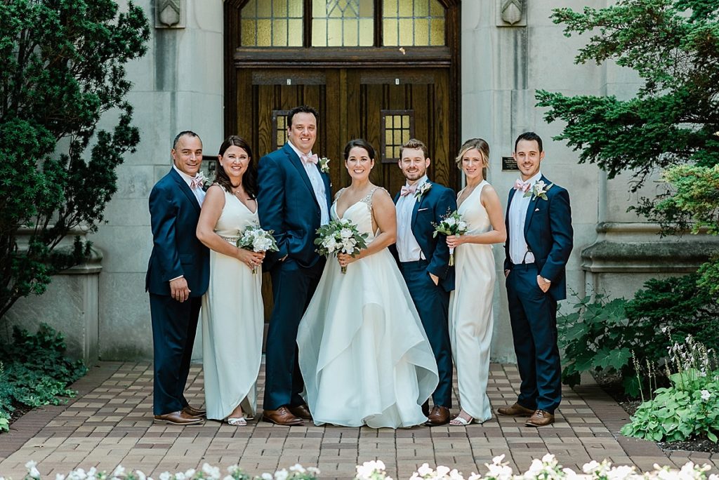 Wedding party photos on Michigan State University's campus (MSU), by Beaumont Tower