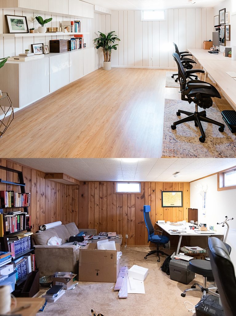 East Lansing DIY basement home office renovation before and after photos with Semihandmade Doors and IKEA BESTA cabinets