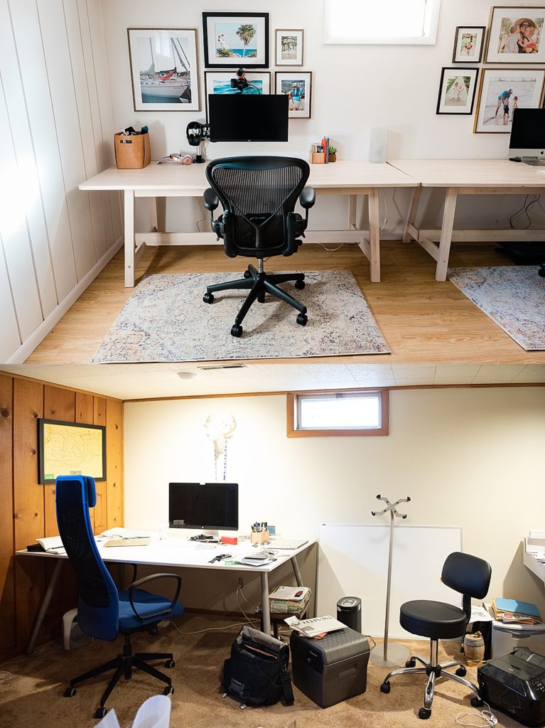 East Lansing DIY basement shared home office renovation before and after photos of a cleaned up desk area