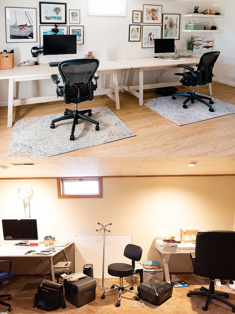 East Lansing DIY basement home office renovation before and after photos of two desks