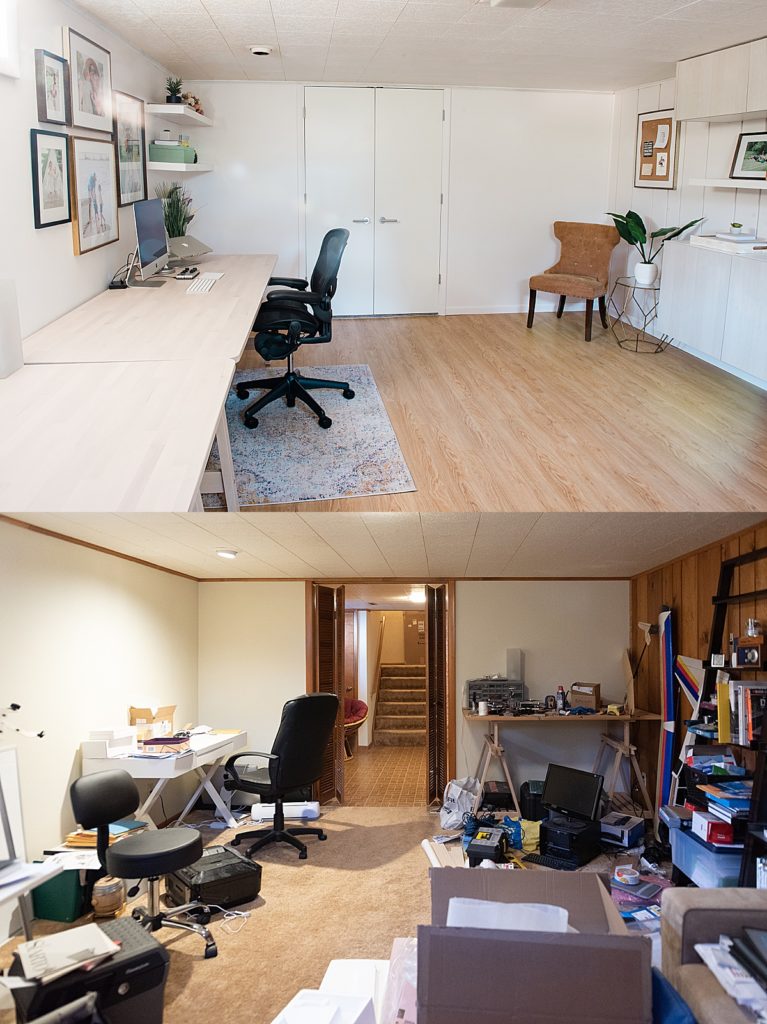 East Lansing DIY shared basement home office renovation before and after photos with two desks and Semihandmade Doors and IKEA BESTA cabinets