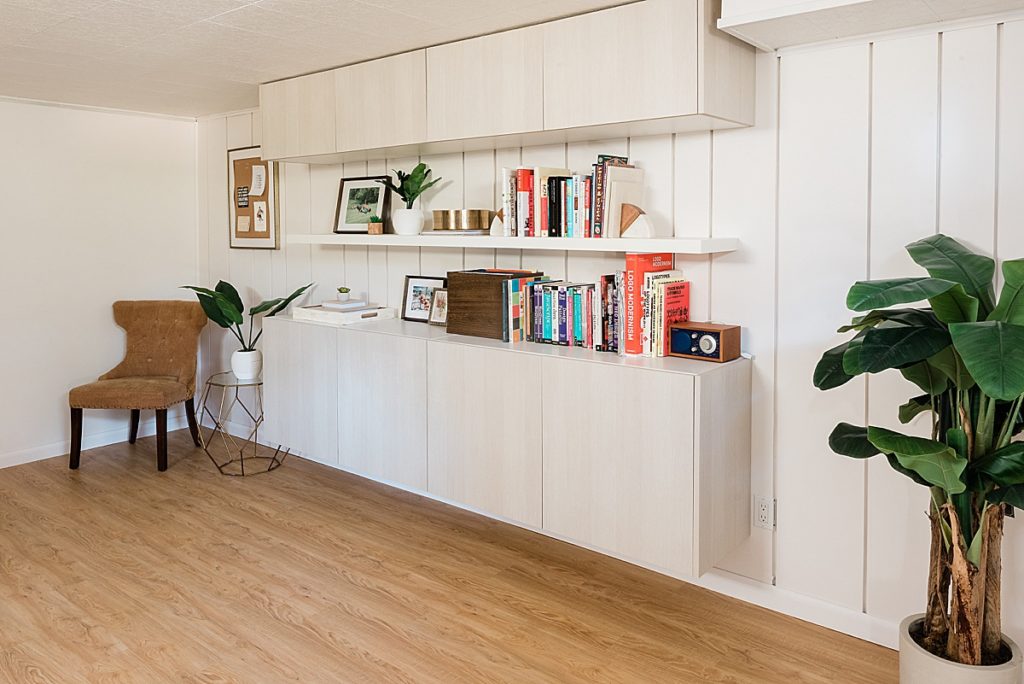 East Lansing DIY shared basement home office renovation photos with Semihandmade Doors and IKEA BESTA cabinets