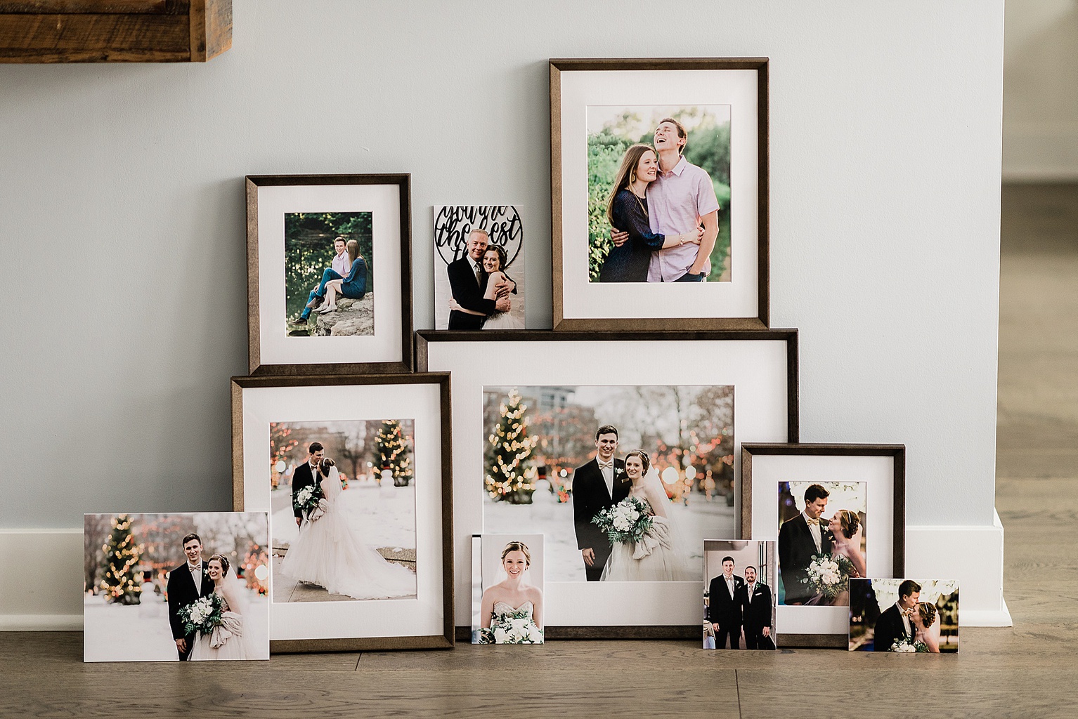 Espresso wood framed wedding photos by Allie & Co. Photography, East Lansing and Pentwater wedding photographers