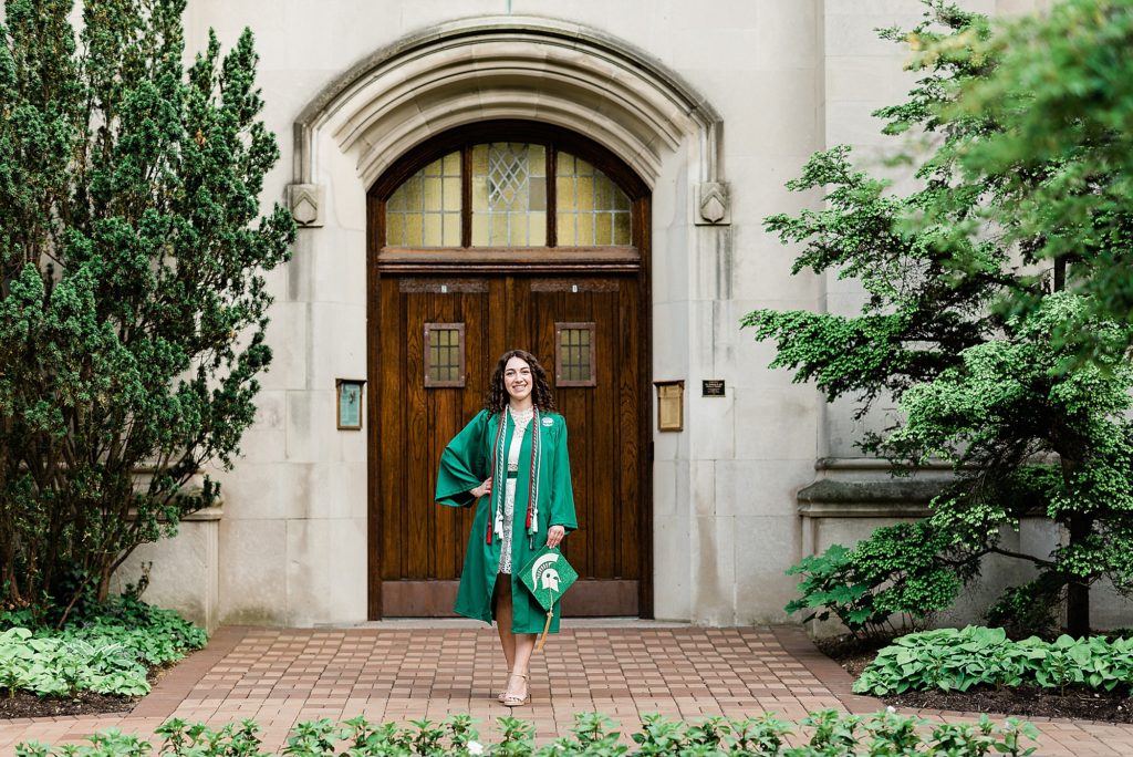 Michigan State University (MSU) senior photo in a white dress in front of Beaumont Tower in East Lansing, Michigan - by Allie Siarto Photography, Michigan photographers