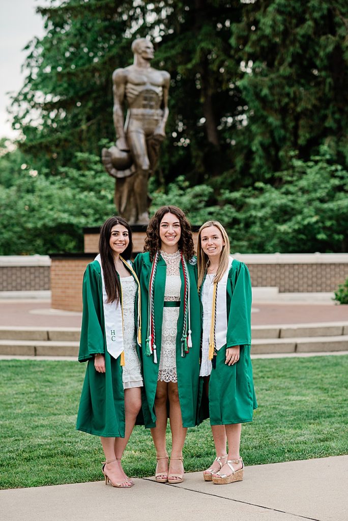 Michigan State senior roommate photos on campus in in front of Sparty in East Lansing, Michigan by Allie Siarto Photography, Michigan photographers