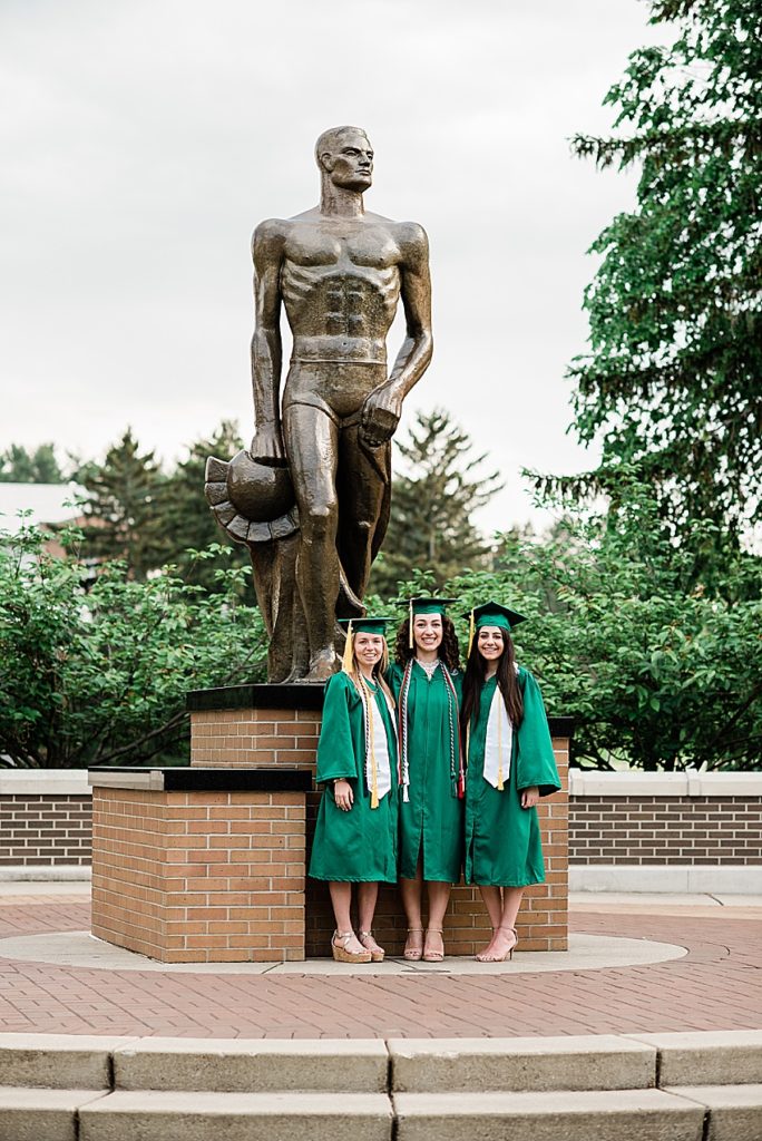 Michigan State senior roommate photos on campus in in front of Sparty in East Lansing, Michigan by Allie Siarto Photography, Michigan photographers