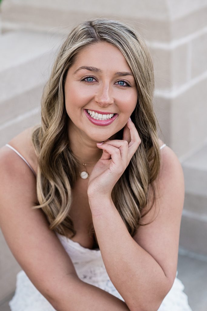 Michigan State University senior photo ideas with white dress and head shots, by Allie Siarto & Co, senior photographers in East Lansing, Michigan