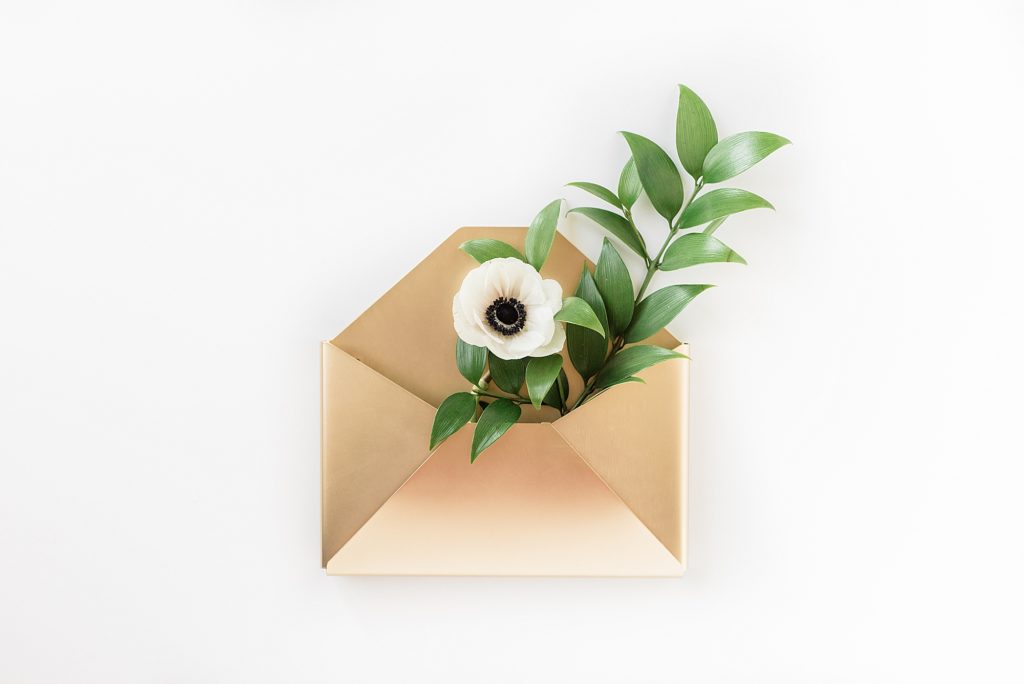 Product photo of a gold metal envelope with a flower coming out of it by Allie Siarto Photography, East Lansing, Michigan product photographers
