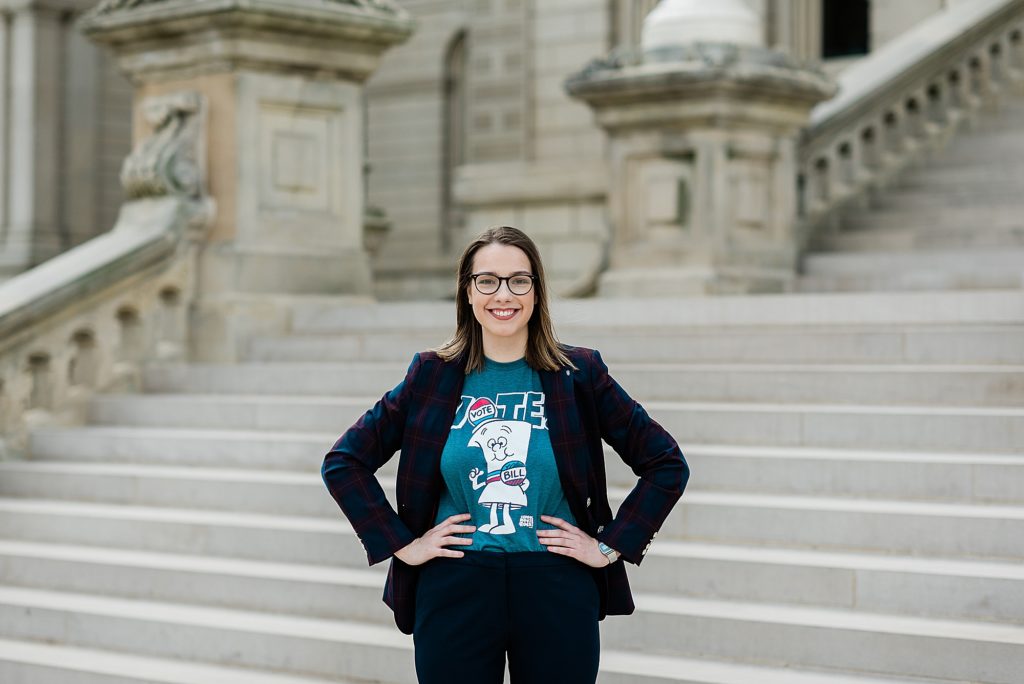 Lansing headshot photographer, photo of a woman in front of the steps by the Michigan Capital building, by Allie Siarto & Co, Lansing, Michigan branding photographers
