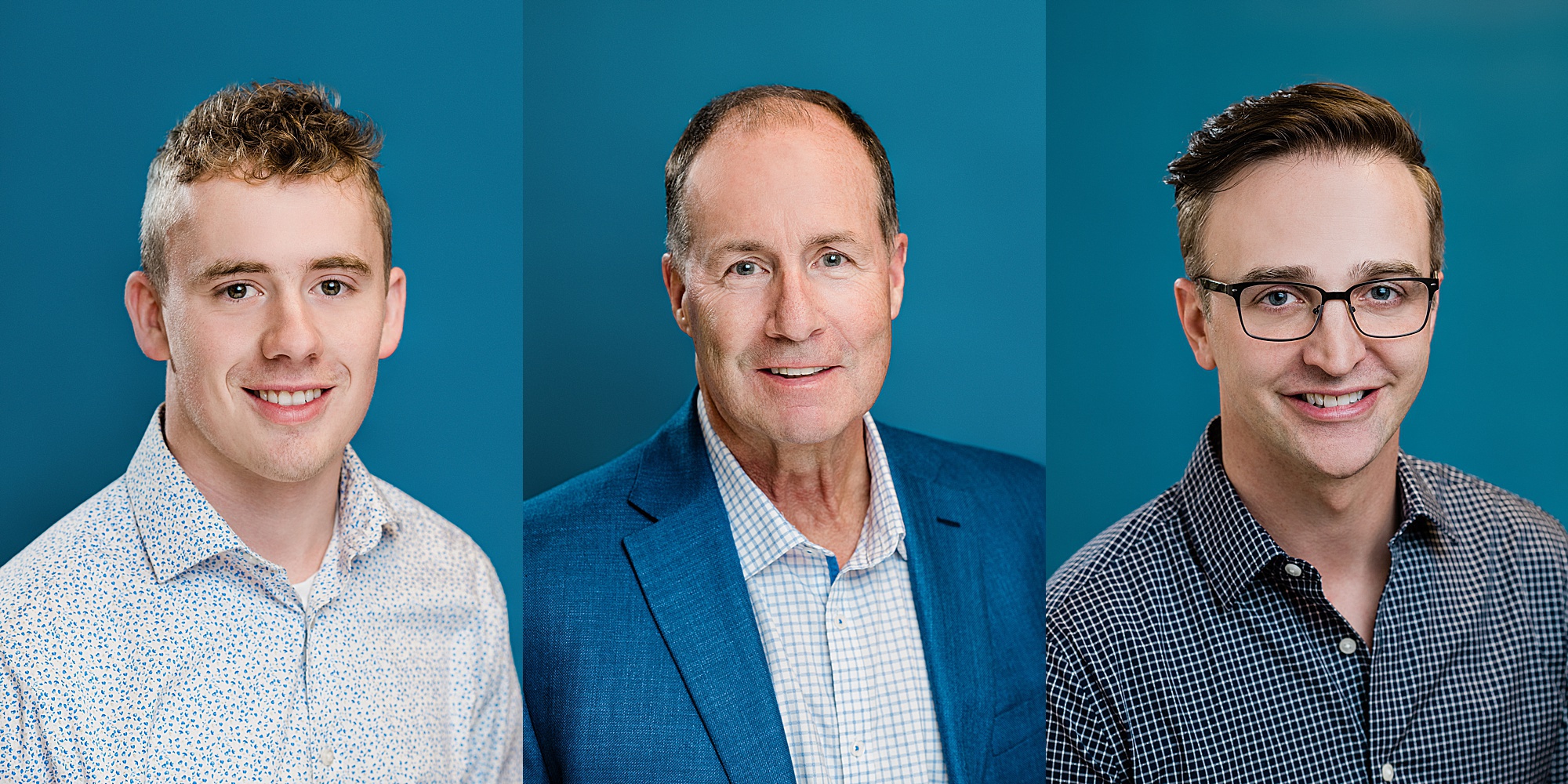 Lansing head shot photography - three headshots of men on a bright blue background, by Allie Siarto & Co., Lansing branding and commercial photographer 