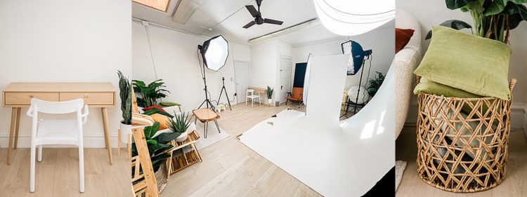 A photo of a studio setup with a white seamless backdrop in downtown East Lansing, Michigan branding, product, and headshot photo studio, Allie Siarto Photography
