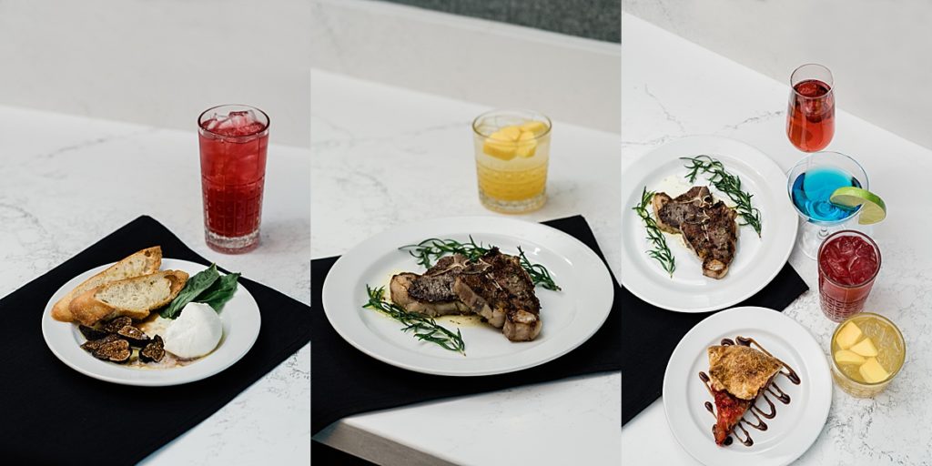 Product photo of menu options, including figs, mozzarella, steak, pie, and drinks at Graduate Hotel by Allie Siarto Photography, East Lansing, Michigan product photographers