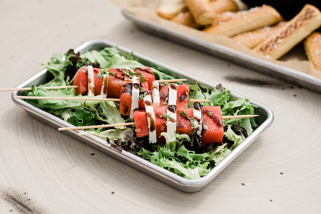 Product photo of a watermelon caprese salad on a stick by Allie Siarto Photography, East Lansing, Michigan product photographers