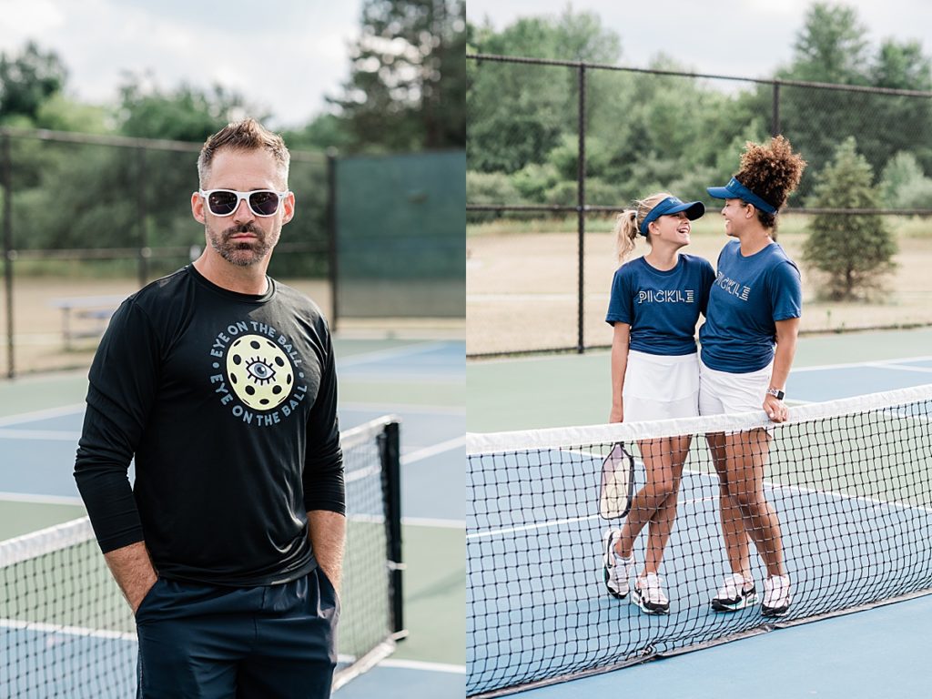 Product photo of a man and a women with her daughter wearing clothing from a pickle ball clothing line by Allie Siarto Photography, East Lansing, Michigan product photographers