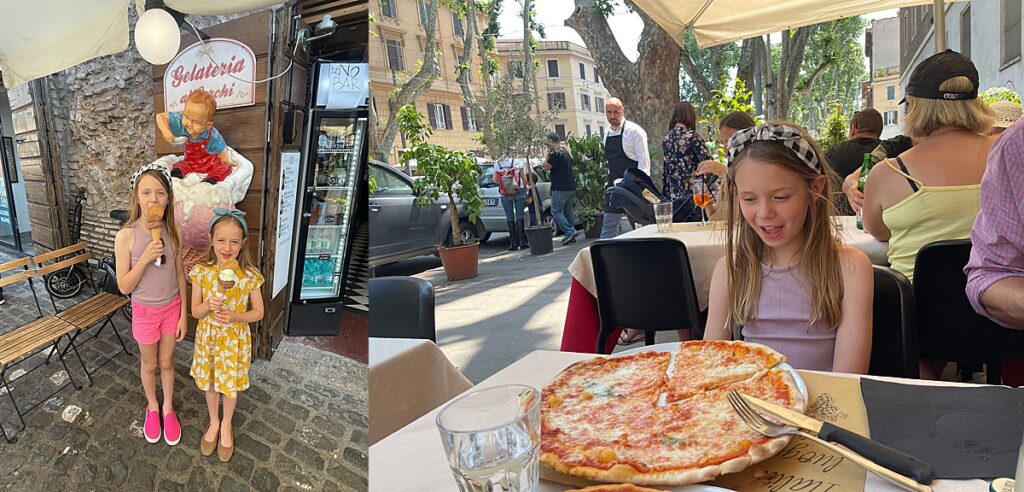 The kids eating gelato in Rome, Italy, and Zel enjoying her first pizza while visiting Rome.