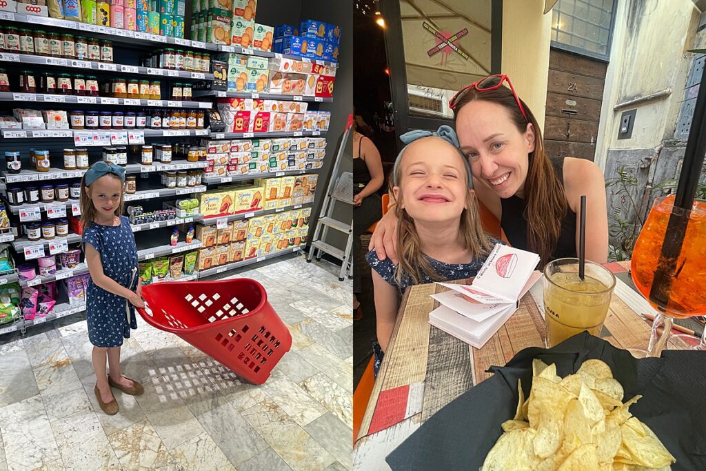 Grocery shopping in Rome, Italy (left) and enjoying pineapple juice and an Aperol Spritz (right)