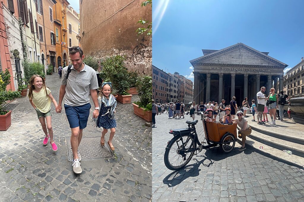 Jeff walking in Trastevere, Rome with the kids (left) and the kids in a cargo bike in front of the Pantheon (right)