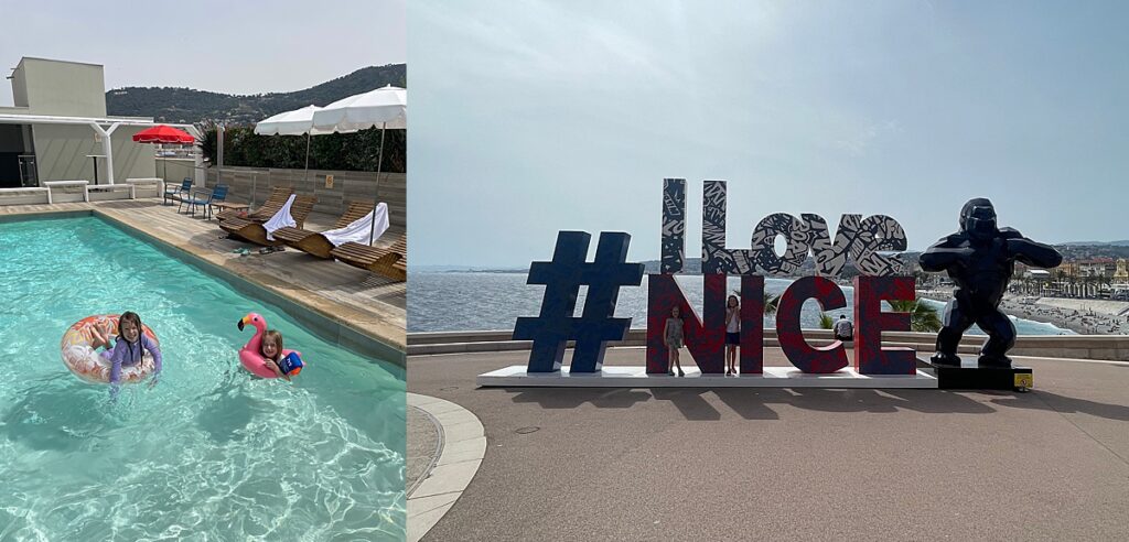 Poolside in Nice , France (left) and the Love Nice statue (right)