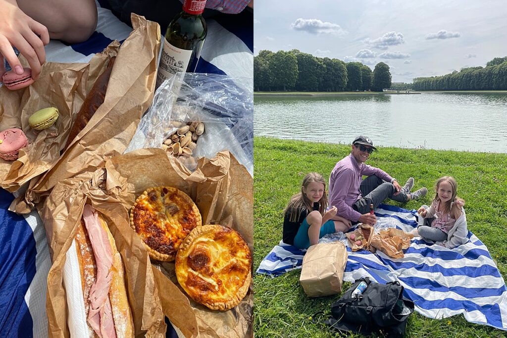 A picnic by the lake during a bike tour with kids in Versailles, France