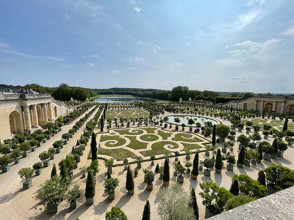 Looking down on the hedges in the gardens at the Palace of Versailles, France