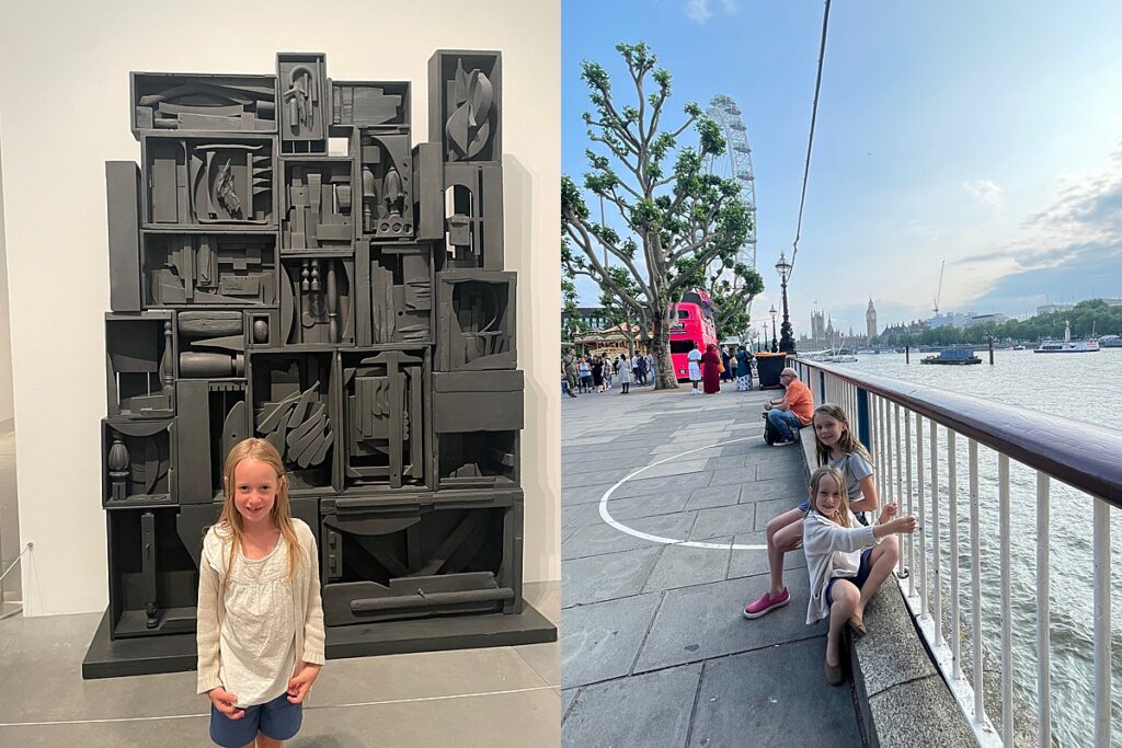 The Tate Museum with kids (left) and walking the river in London with kids (right)