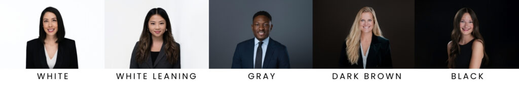 Background options for East Lansing studio headshots include white, white leaning, gray, dark brown, and black